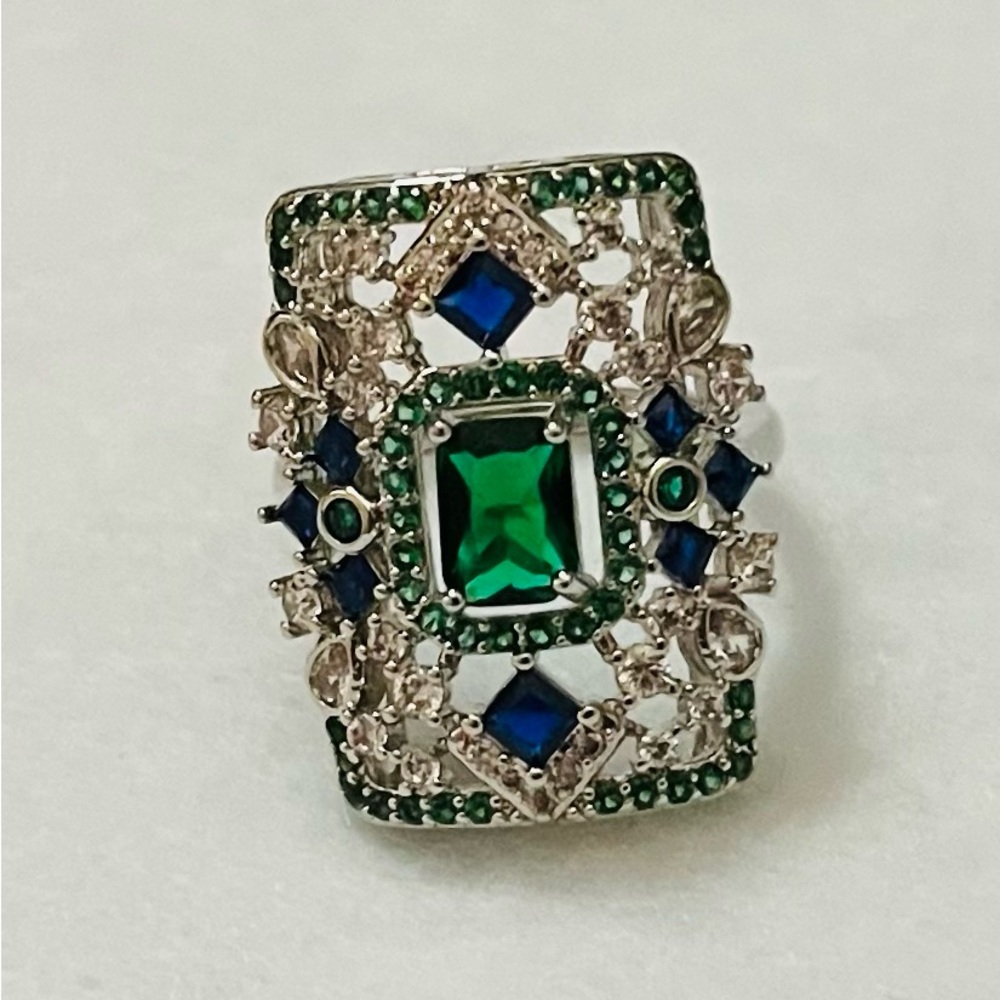 Multi Color Crystal Octagon Shape Silver Plated R… - image 2